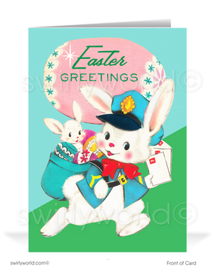 Adorable vintage Easter card with a postman bunny delivering eggs & letters, baby bunny in his pack. Retro spring path scene with classic MCM charm!