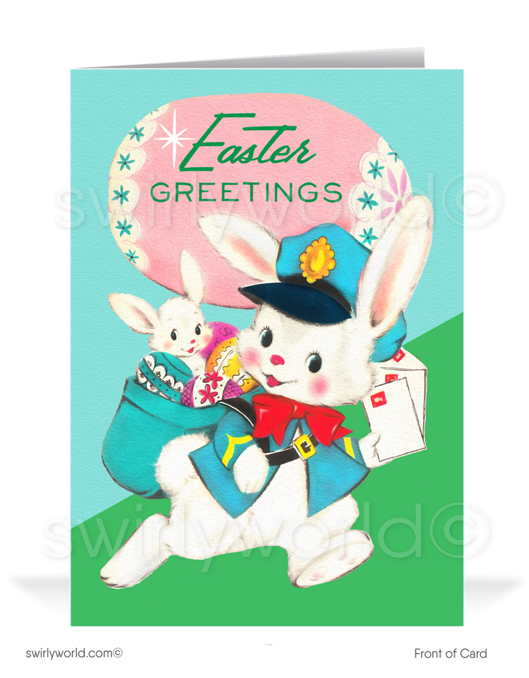1940s-1950s mid-century retro vintage kitschy kitsch cute bunny rabbit pink and blue Spring happy Easter greeting cards.