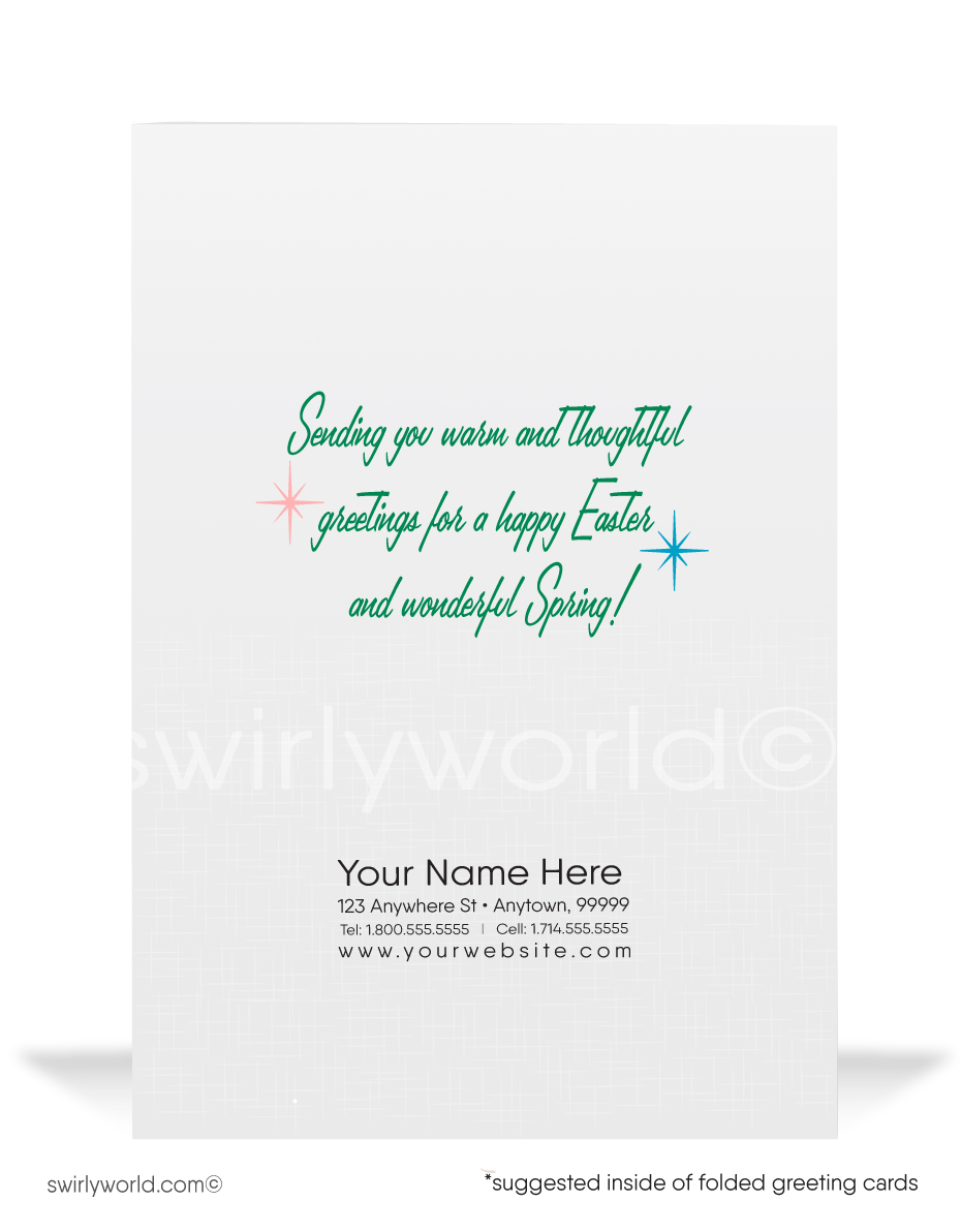 Whimsical vintage Easter card with a bunny playing trumpet, baby chick in pink egg, butterflies & birds. Retro garden backdrop with classic MCM flair!