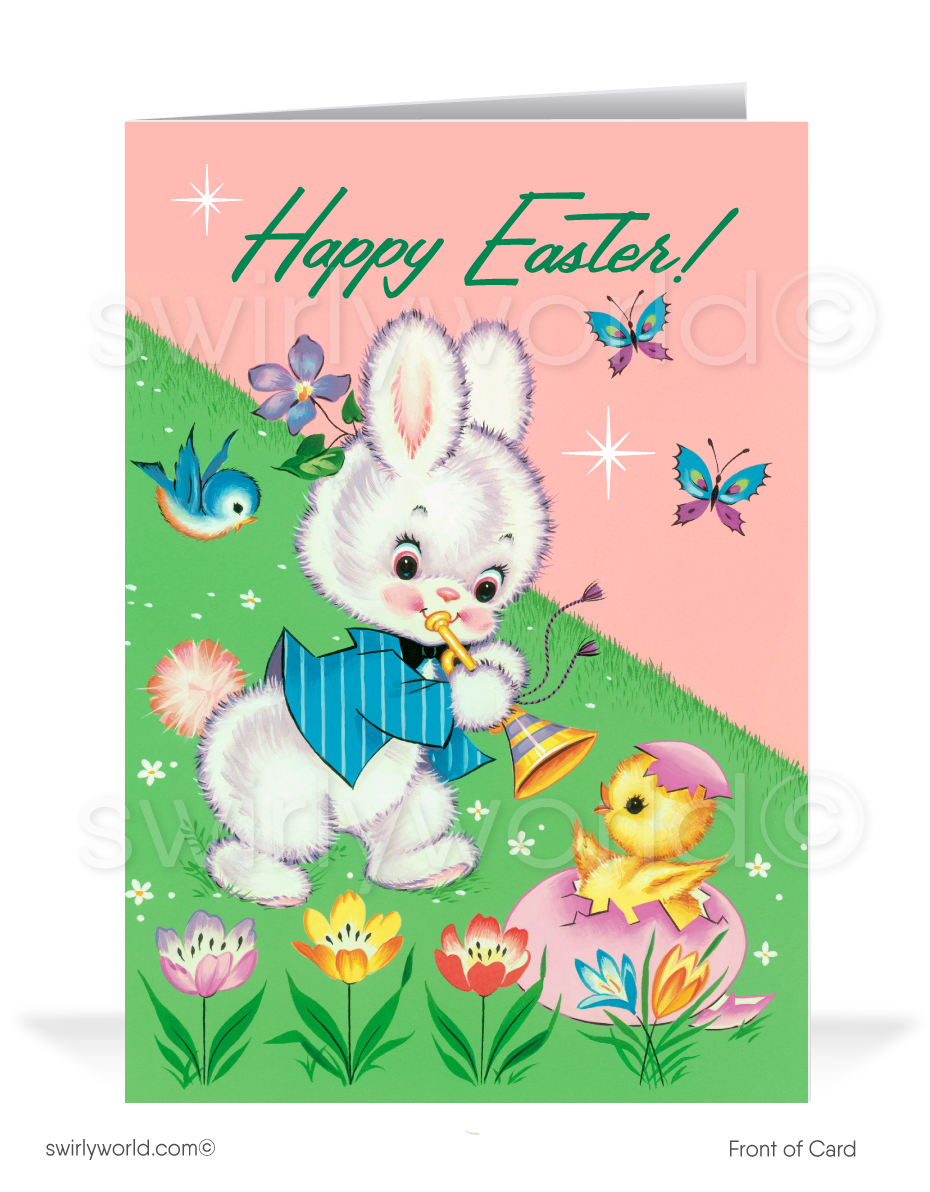 Whimsical vintage Easter card with a bunny playing trumpet, baby chick in pink egg, butterflies & birds. Retro garden backdrop with classic MCM flair!