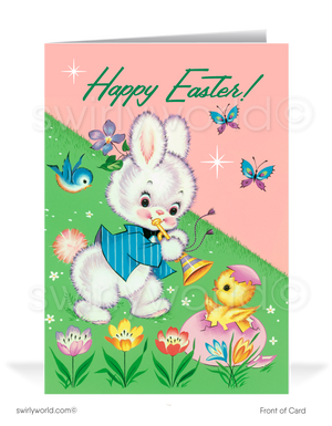 Whimsical vintage Easter card with a bunny playing trumpet, baby chick in pink egg, butterflies & birds. Retro garden backdrop with classic MCM flair!