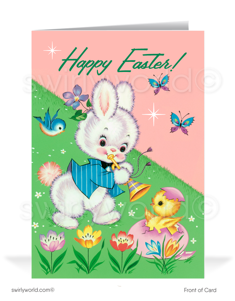 1940s-1950s atomic mid-century retro vintage kitschy kitsch cute bunny rabbit pink and blue Spring happy Easter greeting cards.