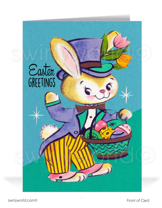 Mid-century retro atomic modern vintage kitschy kitsch bunny with basket happy Easter greeting cards.