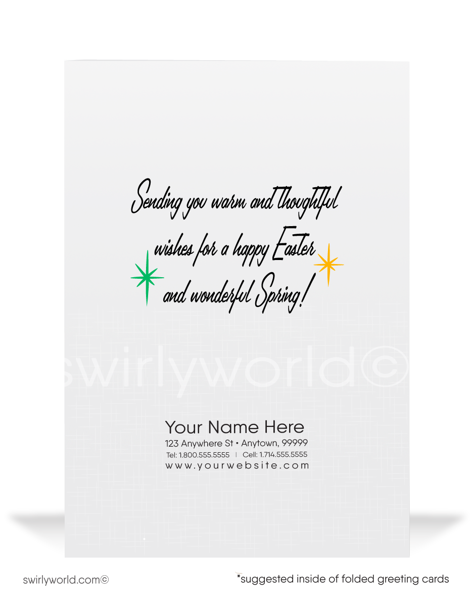 Charming vintage Easter card featuring a bunny family in a 1950s kitchen gathering flowers. Retro green, red & yellow hues with MCM shabby chic flair!