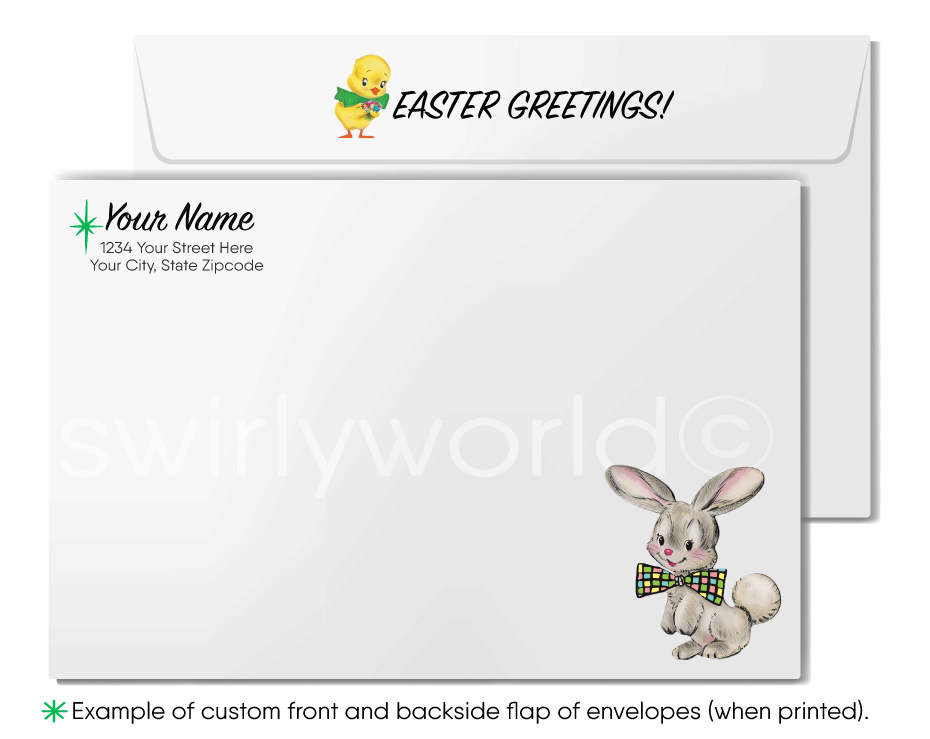 1940s-1950s mid-century retro vintage atomic kitschy kitsch bunny rabbits with flowers Spring happy Easter greeting cards.