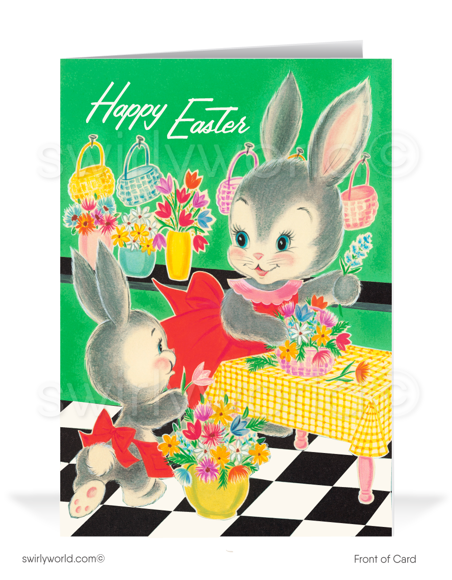 Charming vintage Easter card featuring a bunny family in a 1950s kitchen gathering flowers. Retro green, red & yellow hues with MCM shabby chic flair!