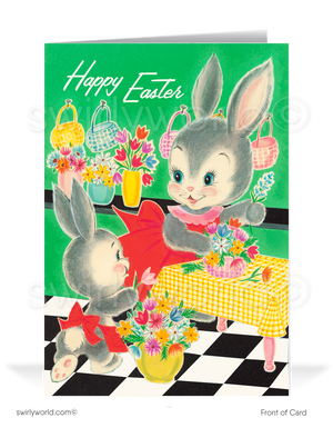 Charming vintage Easter card featuring a bunny family in a 1950s kitchen gathering flowers. Retro green, red & yellow hues with MCM shabby chic flair!
