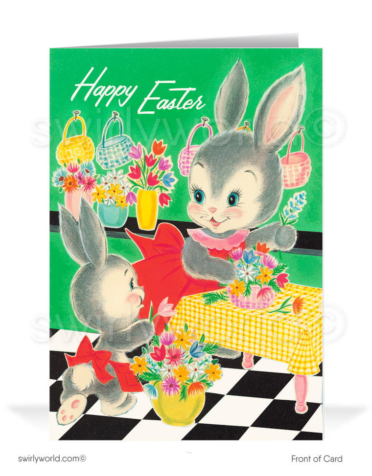 1940s-1950s mid-century retro vintage atomic kitschy kitsch bunny rabbits with flowers Spring happy Easter greeting cards.