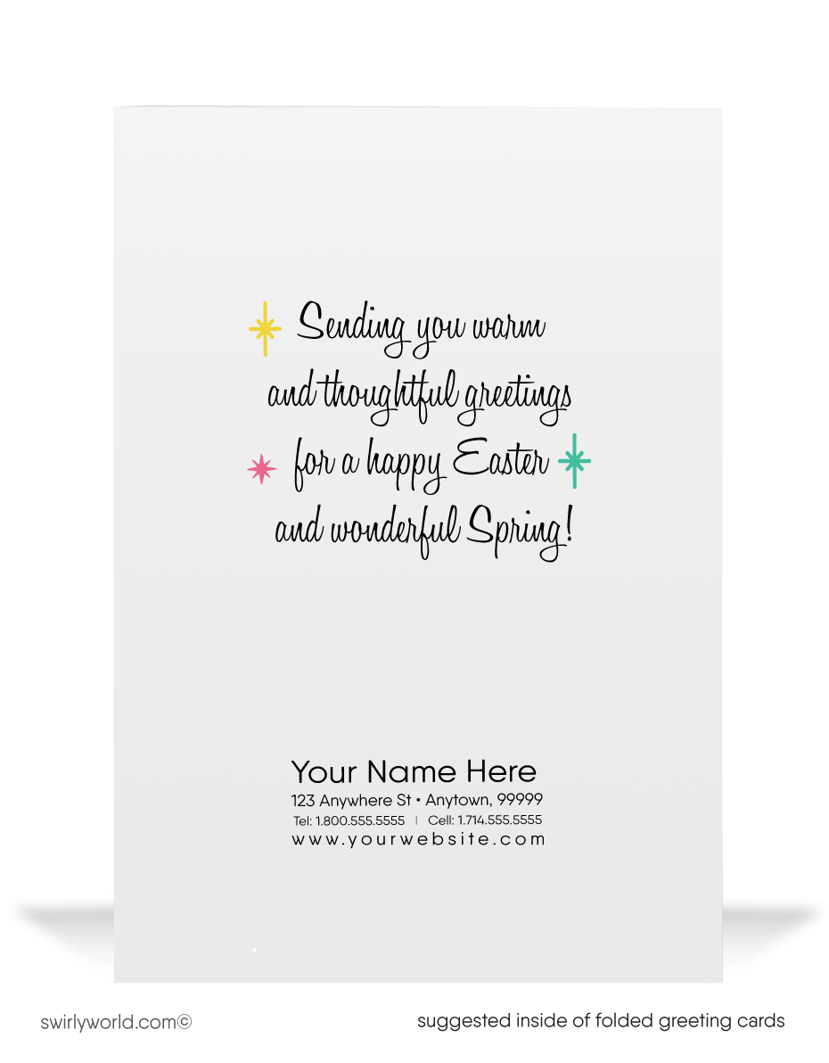 Sweet vintage Easter card featuring a shabby chic girl pushing a pink stroller with a baby bunny and spring bouquet. Sunny yellow backdrop with MCM flair!