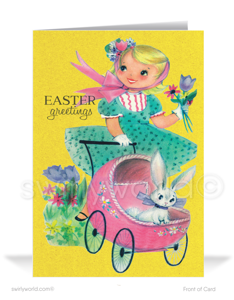 1950s-1960s atomic mid-century retro vintage kitschy kitsch cute bunny rabbit with girl Spring happy Easter greeting cards.