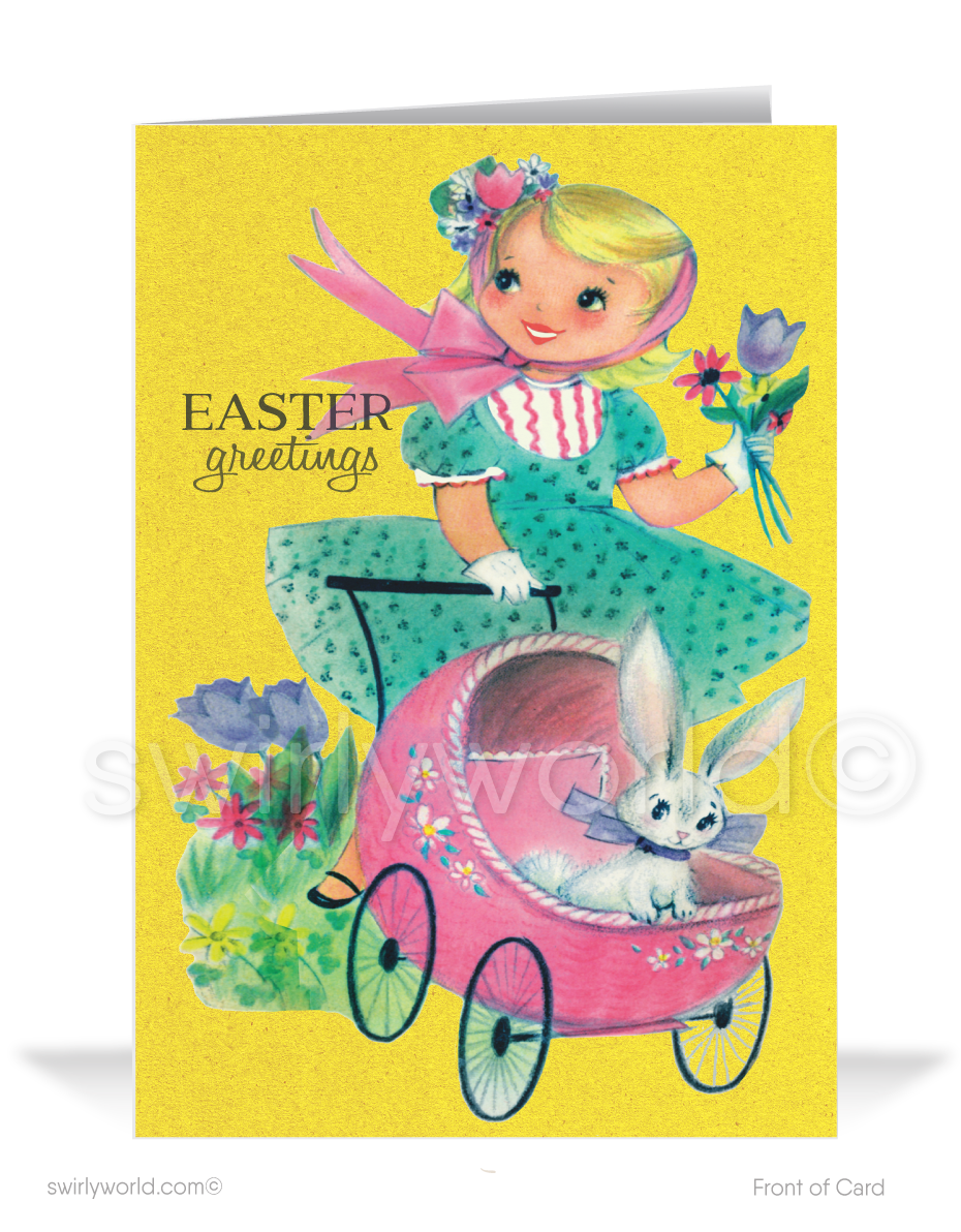 Sweet vintage Easter card featuring a shabby chic girl pushing a pink stroller with a baby bunny and spring bouquet. Sunny yellow backdrop with MCM flair!