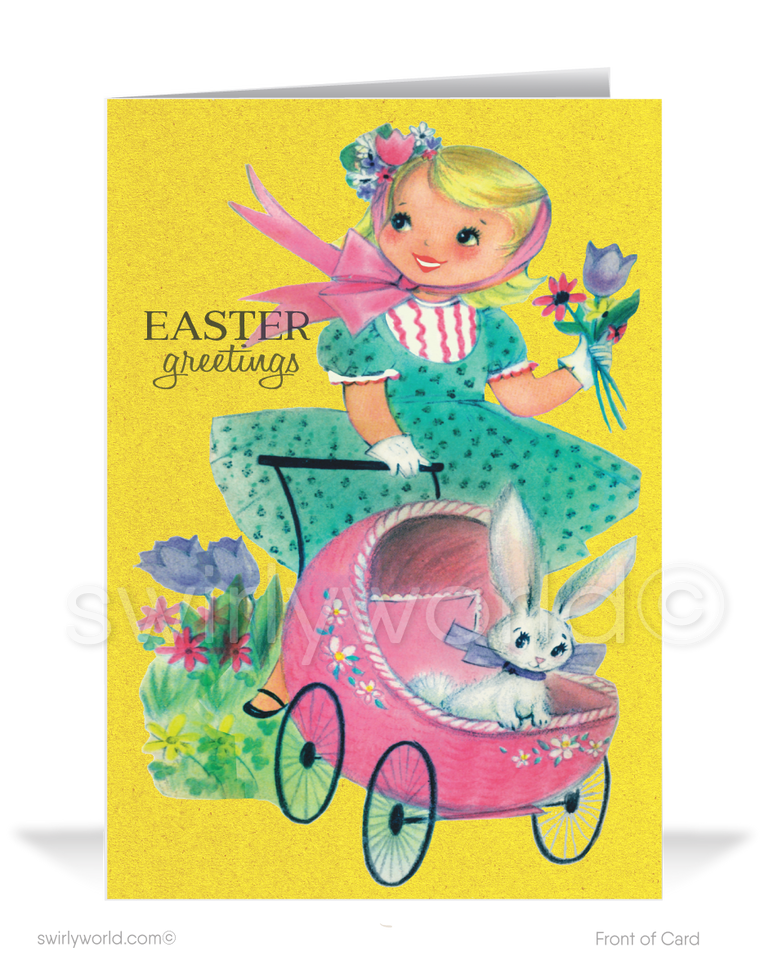 Sweet vintage Easter card featuring a shabby chic girl pushing a pink stroller with a baby bunny and spring bouquet. Sunny yellow backdrop with MCM flair!