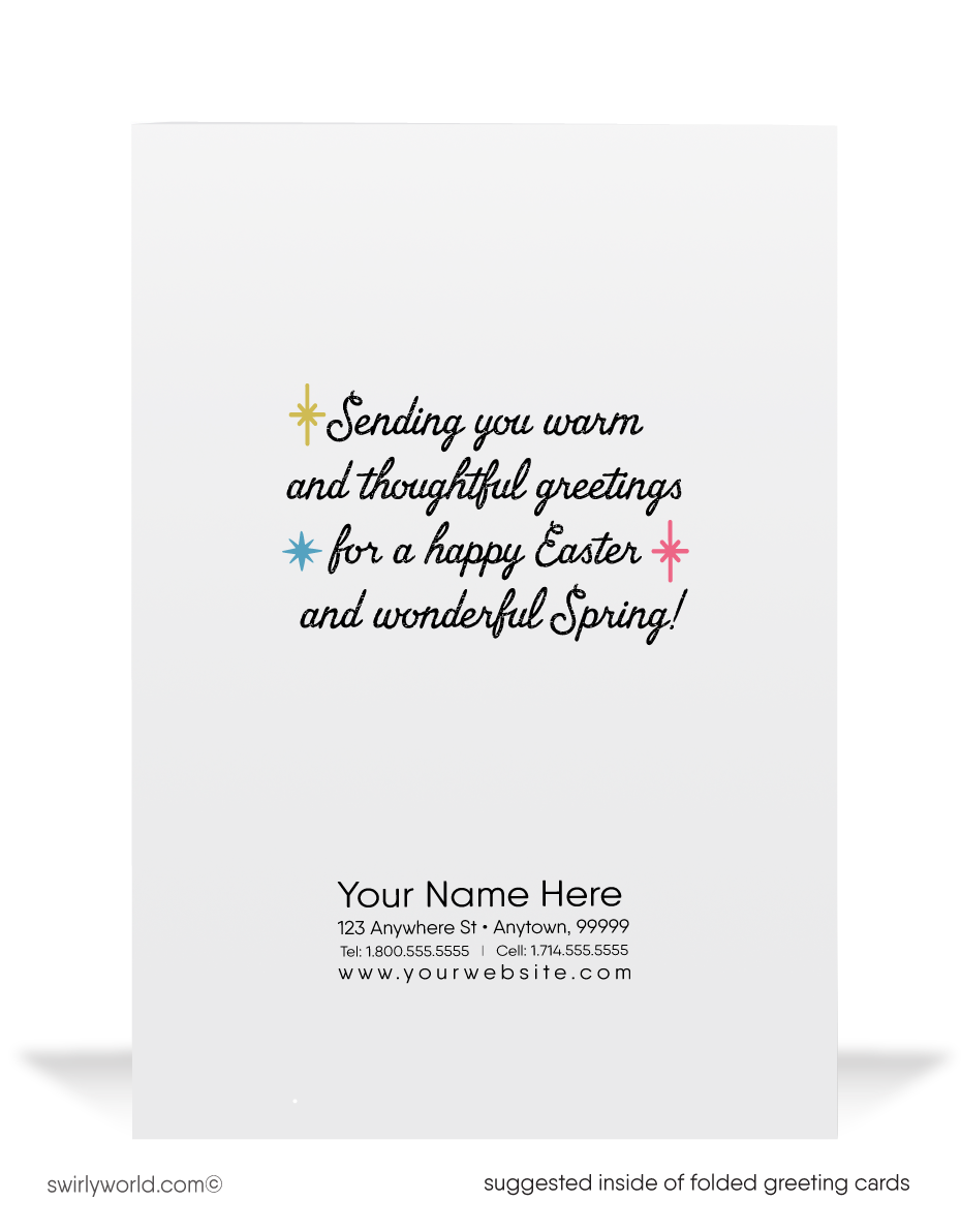 Adorable vintage Easter card with a kitty carrying baby kittens in a basket through a blooming spring garden. Classic 1960s retro style with timeless charm!