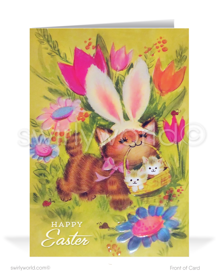 1950s-1960s mid-century retro vintage kitschy kitsch cute bunny rabbit kitten with Easter basket Spring happy Easter greeting cards.