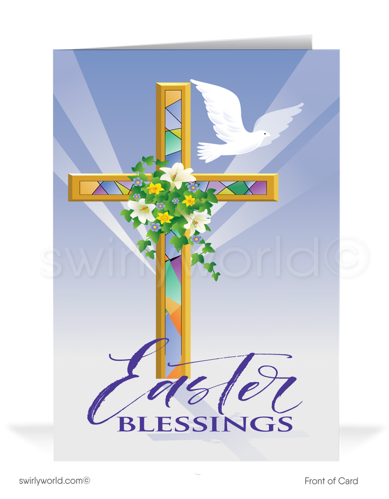 Beautiful religious Christian cross with dove and Easter lilies blessed happy Easter greeting cards for Church service.