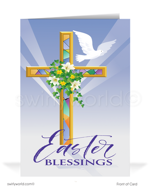Beautiful religious Christian cross with dove and Easter lilies blessed happy Easter greeting cards for Church service.