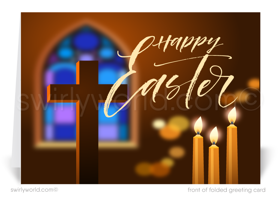 Modern contemporary religious cross stained glass Christian Catholic happy Easter Springtime greeting cards.