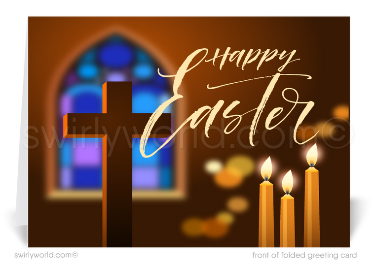 Modern contemporary religious cross stained glass Christian Catholic happy Easter Springtime greeting cards.