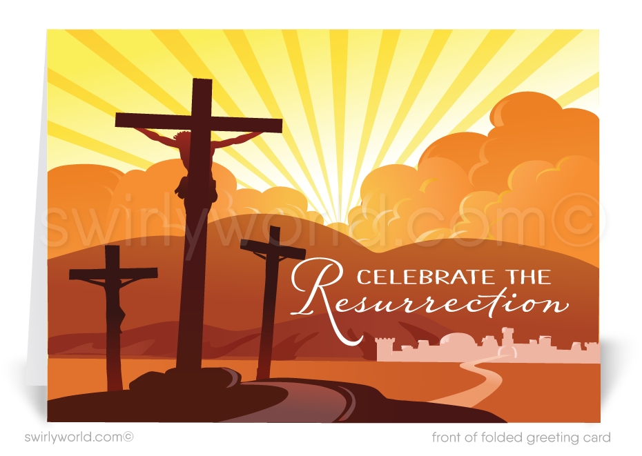 Modern contemporary religious cross He is Risen Resurrection Christian Catholic happy Easter Springtime greeting cards.