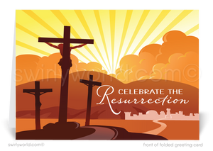 Modern contemporary religious cross He is Risen Resurrection Christian Catholic happy Easter Springtime greeting cards.