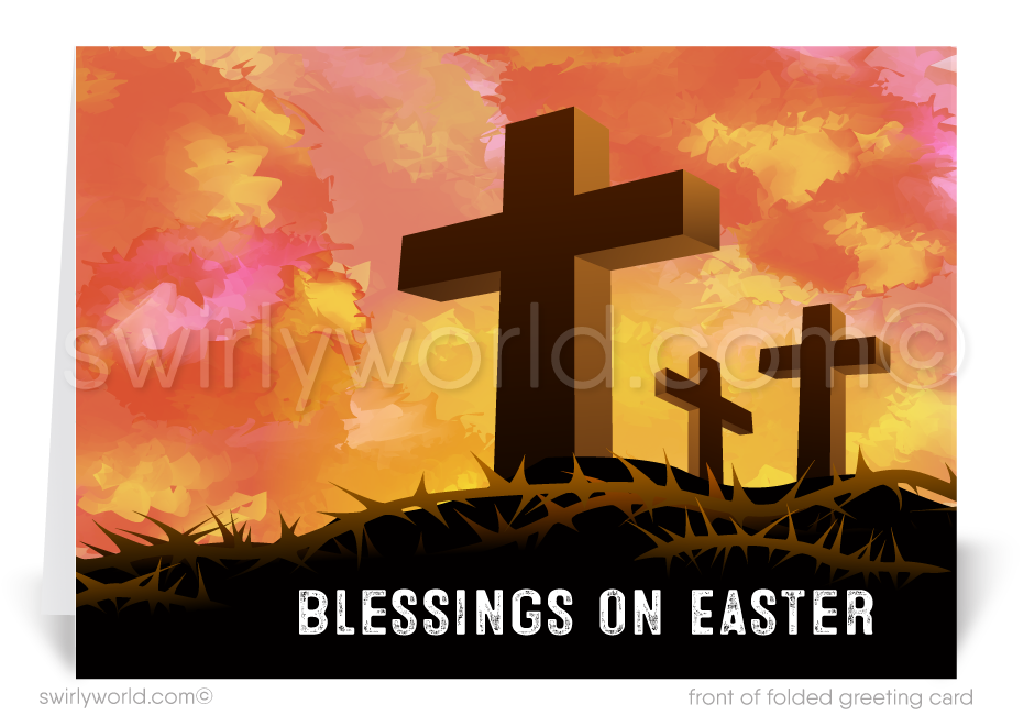 Christian religious modern happy Easter greeting cards. Three crosses Jesus Christ ressurection on Easter sunday