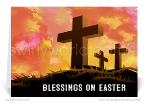 Christian religious modern happy Easter greeting cards. Three crosses Jesus Christ ressurection on Easter sunday