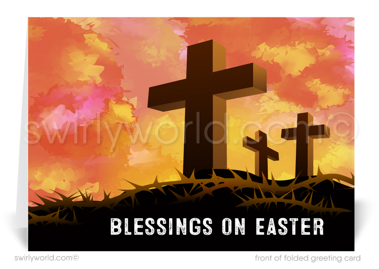 Christian religious modern happy Easter greeting cards. Three crosses Jesus Christ ressurection on Easter sunday