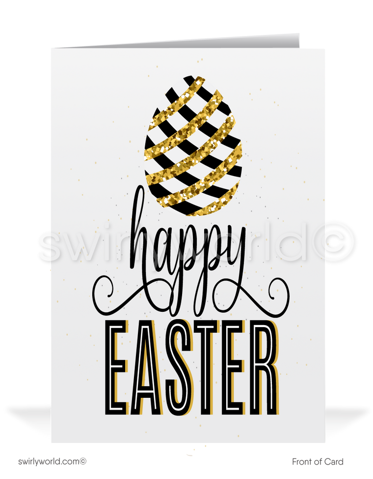 Beautiful retro gold glitter colored decorated Easter egg vintage happy Easter greeting cards.