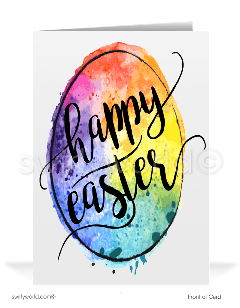 Beautiful retro rainbow watercolor colored decorated Easter egg vintage happy Easter greeting cards.