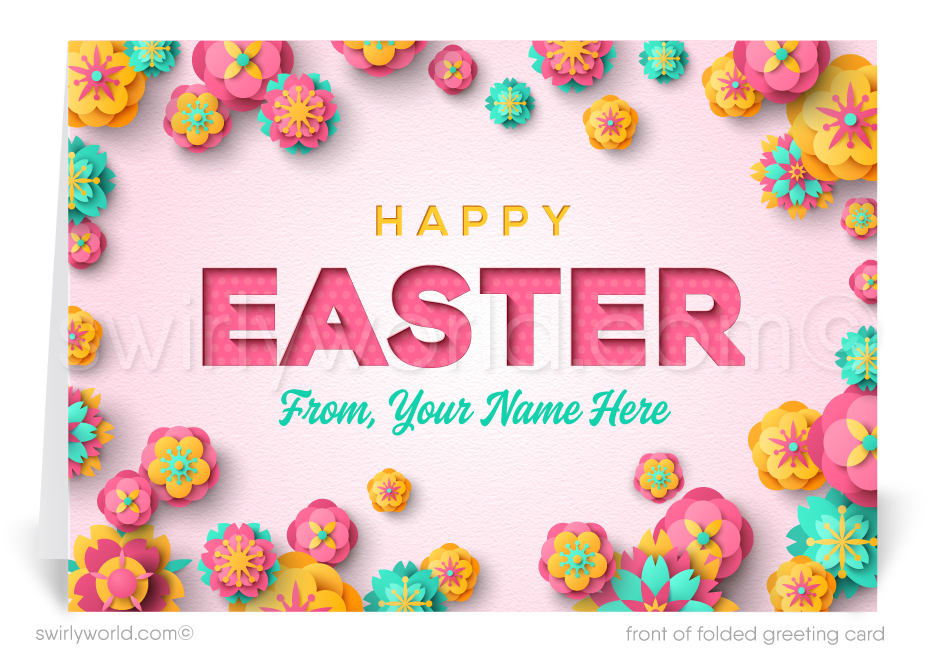 Brighten Easter with this retro floral greeting card! Featuring vibrant spring blossoms, pastel pink backdrop, and customizable text for a personal or branded touch.