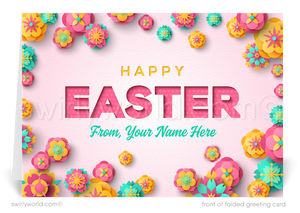 Brighten Easter with this retro floral greeting card! Featuring vibrant spring blossoms, pastel pink backdrop, and customizable text for a personal or branded touch.