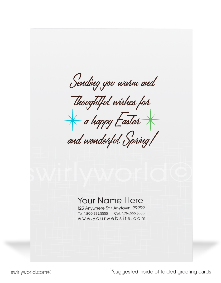 Charming vintage Easter card with baby chicks and pastel eggs in a pink-bowed basket. Set against a sunny backdrop with atomic starbursts & MCM flair!