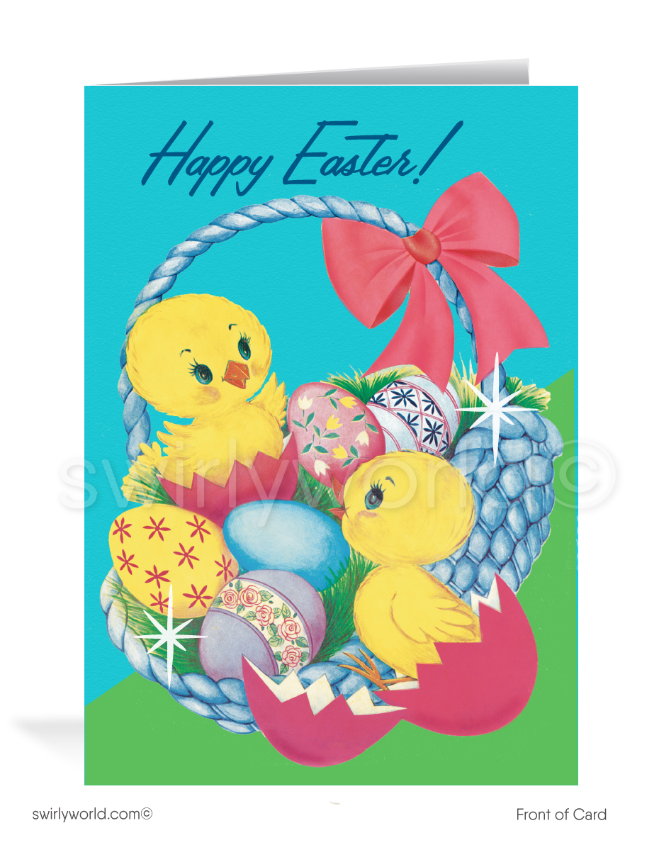 Charming vintage Easter card with baby chicks and pastel eggs in a pink-bowed basket. Set against a sunny backdrop with atomic starbursts & MCM flair!