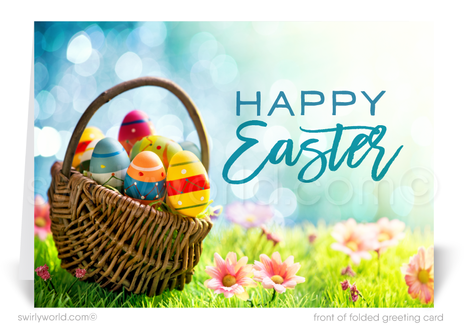 Cute Easter basket with colored decorated eggs Springtime bunny happy Easter greeting cards for business.