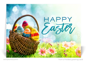 Cute Easter basket with colored decorated eggs Springtime bunny happy Easter greeting cards for business.