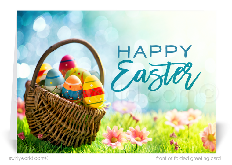 Cute Easter basket with colored decorated eggs Springtime bunny happy Easter greeting cards for business.