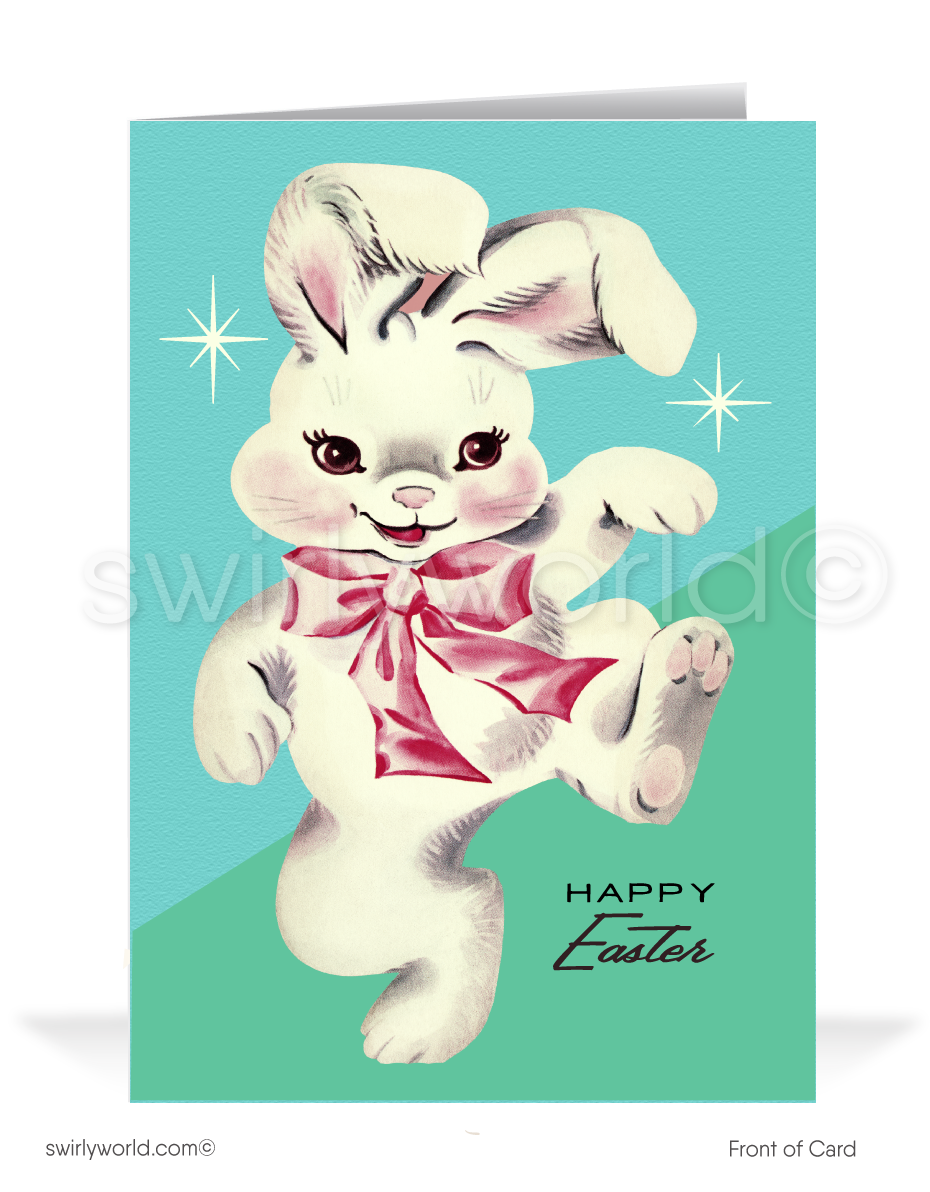 Vintage Easter Card – Dancing Bunny with Pink Ribbon, Retro MCM Atomic Design