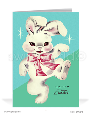 Vintage Easter Card – Dancing Bunny with Pink Ribbon, Retro MCM Atomic Design