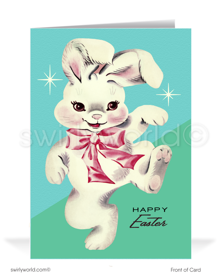 11950s-1960s mid-century mod retro vintage atomic kitschy kitsch bunny rabbit starburst Spring happy Easter greeting cards.