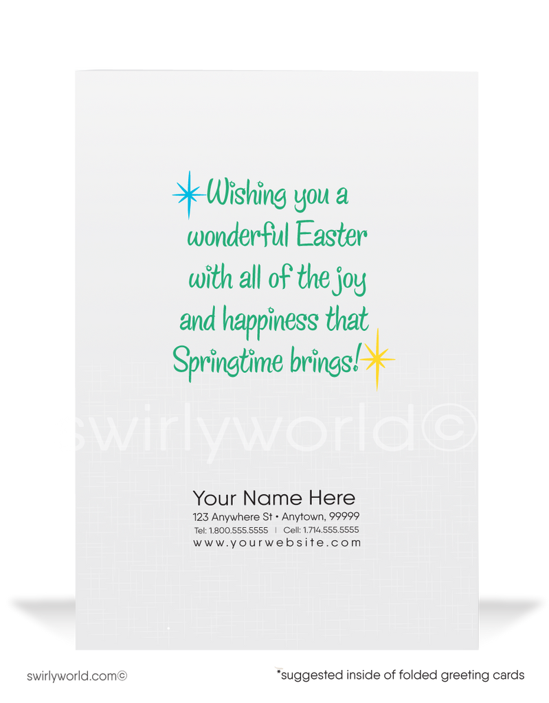 1950s-1960s atomic mid-century retro vintage kitschy kitsch cute bunny rabbit with flowers Spring happy Easter greeting cards.