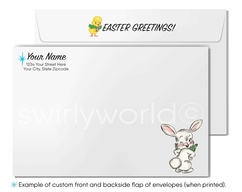 1950s-1960s atomic mid-century retro vintage kitschy kitsch cute bunny rabbit with flowers Spring happy Easter greeting cards.