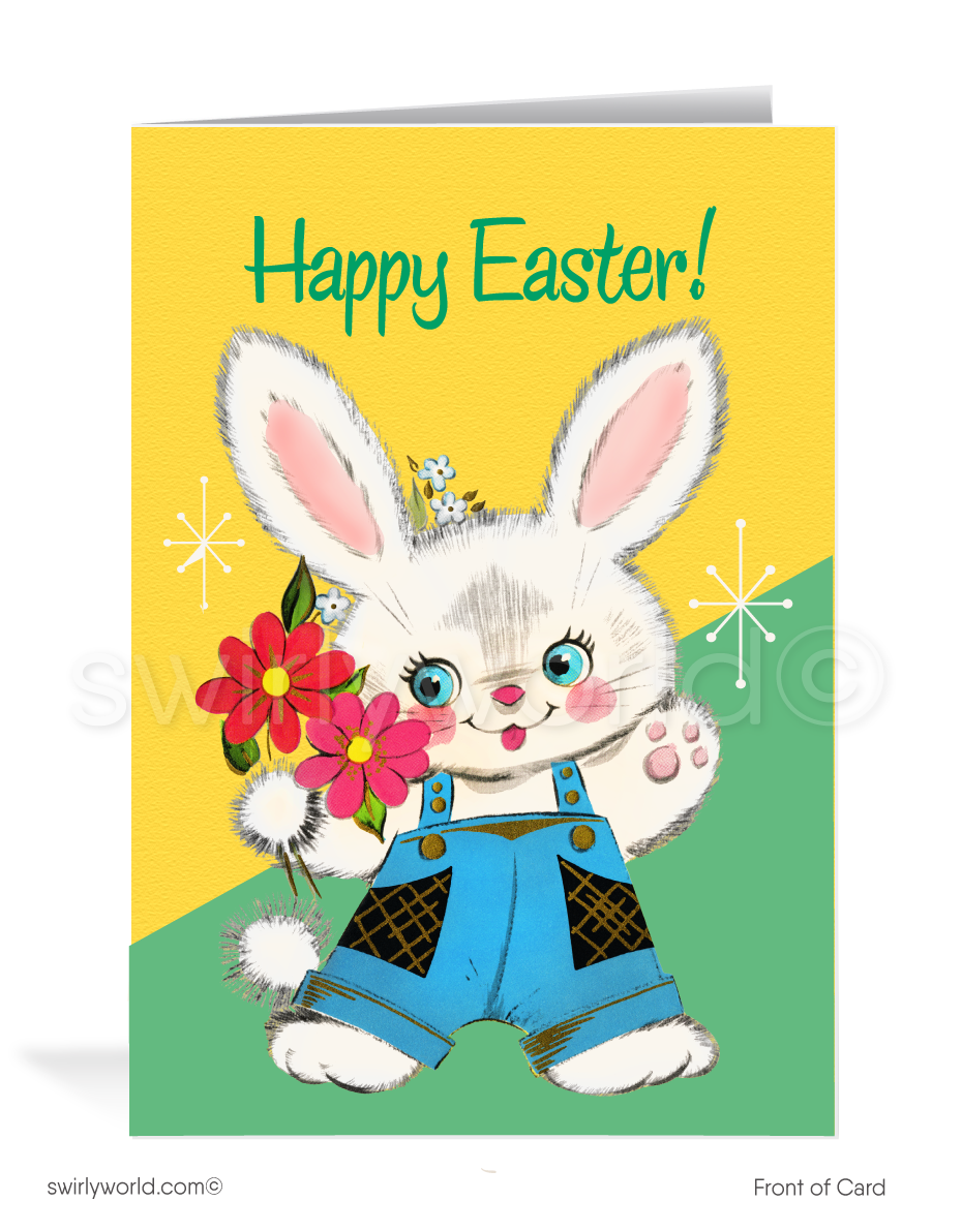 1960's Vintage Bunny Retro Happy Easter Cards1950s-1960s atomic mid-century retro vintage kitschy kitsch cute bunny rabbit with flowers Spring happy Easter greeting cards.