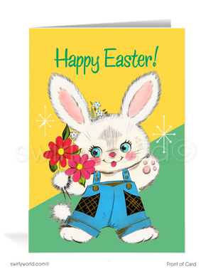 1960's Vintage Bunny Retro Happy Easter Cards1950s-1960s atomic mid-century retro vintage kitschy kitsch cute bunny rabbit with flowers Spring happy Easter greeting cards.