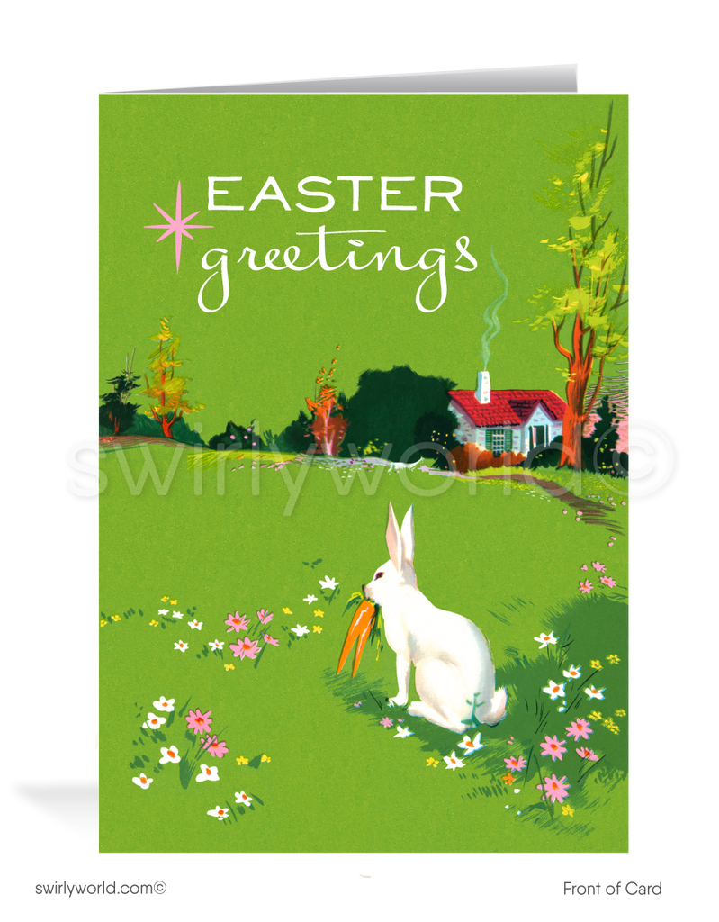 1950s-1960s atomic mid-century mod retro vintage bunny rabbit in garden Spring happy Easter greeting cards.