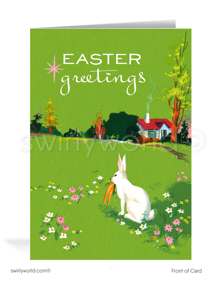 1950s-1960s atomic mid-century mod retro vintage bunny rabbit in garden Spring happy Easter greeting cards.