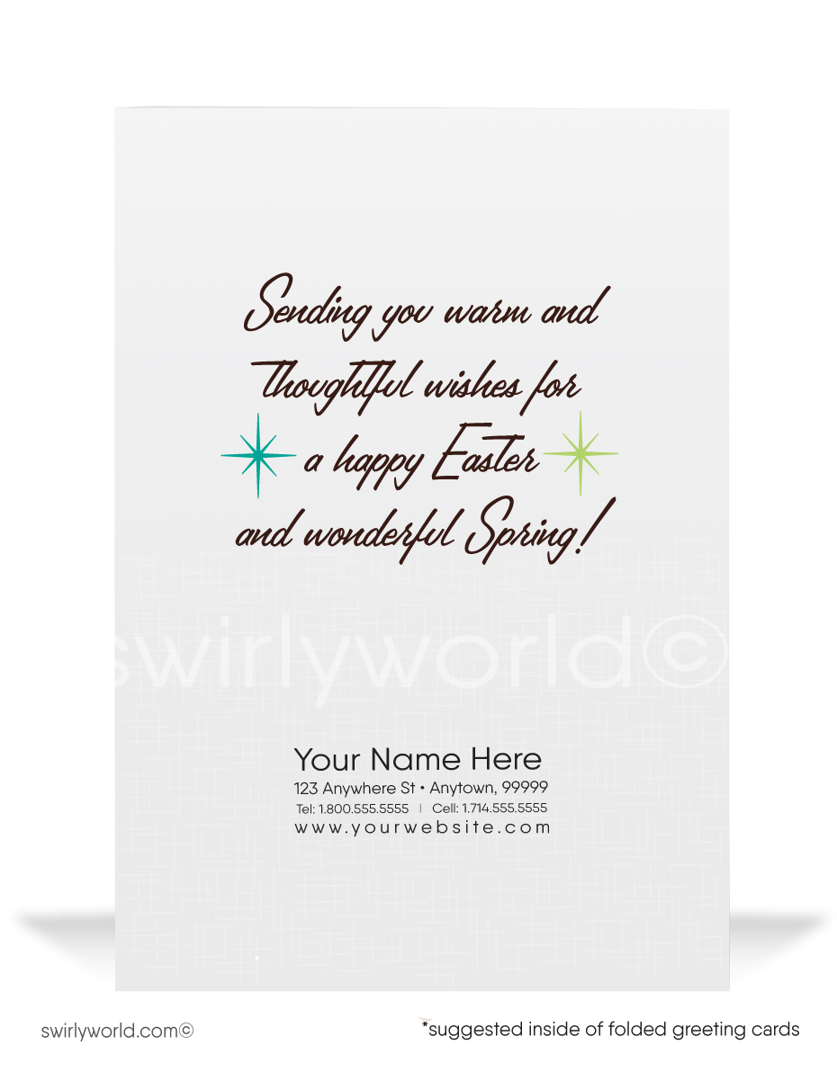 Send Easter smiles with this vintage card! Features a cheerful kitschy bunny head on a teal retro backdrop with atomic starbursts and mid-century flair.