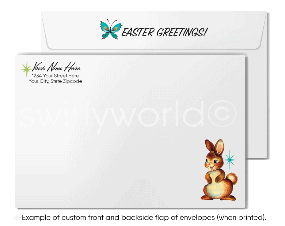 1950s-1960s mid-century retro vintage atomic kitschy kitsch baby bunny starburst Spring happy Easter greeting cards.