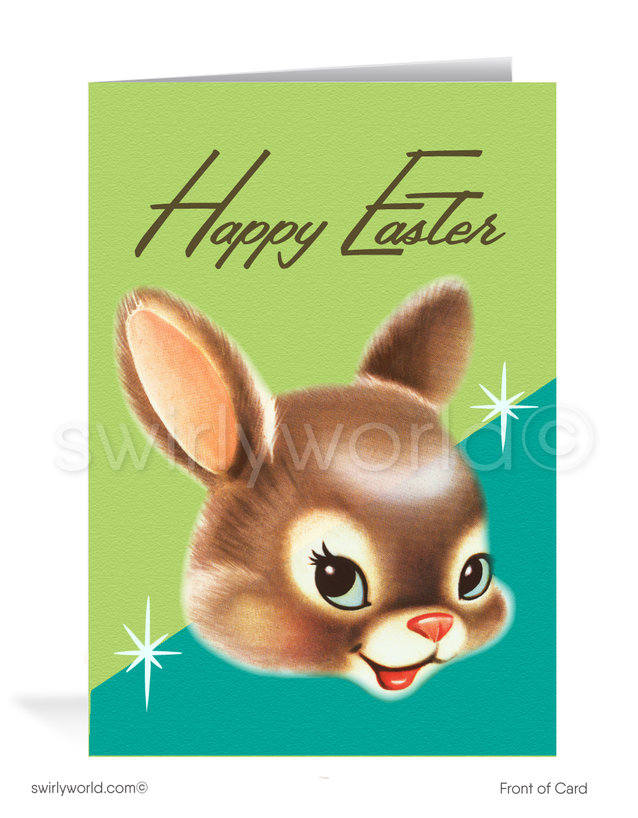 Send Easter smiles with this vintage card! Features a cheerful kitschy bunny head on a teal retro backdrop with atomic starbursts and mid-century flair.