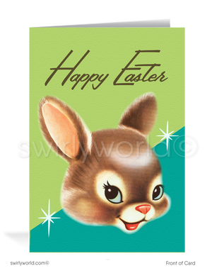 Send Easter smiles with this vintage card! Features a cheerful kitschy bunny head on a teal retro backdrop with atomic starbursts and mid-century flair.