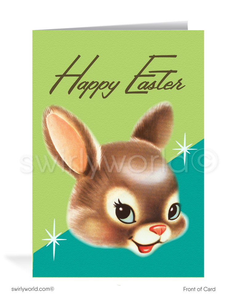 1950s-1960s mid-century retro vintage atomic kitschy kitsch baby bunny starburst Spring happy Easter greeting cards.